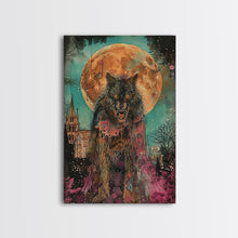 Load image into Gallery viewer, Fierce Werewolf with Blood Moon Framed Canvas Print | Halloween Monster Art | Spooky Werewolf Decor for Home | Intense Full Moon Artwork
