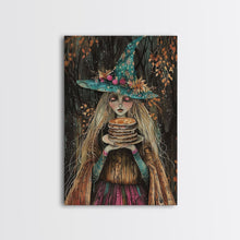 Load image into Gallery viewer, The Witch and Her Pancakes, Breakfast Witch, Framed Canvas Print, Funny Halloween Art
