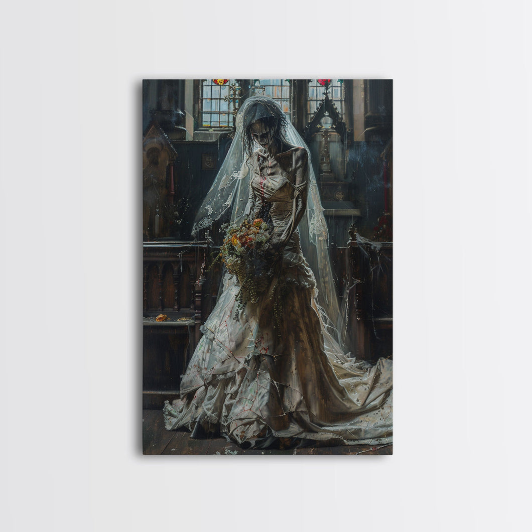 Ghostly Bride in Abandoned Church Framed Canvas Print | Halloween Bride Art | Eerie Bride Decor for Home | Haunted Wedding Artwork