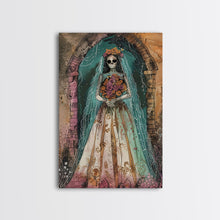 Load image into Gallery viewer, Skeleton Bride in Floral Arch Framed Canvas Print | Halloween Bride Art | Spooky Bride Decor for Home | Gothic Wedding Artwork
