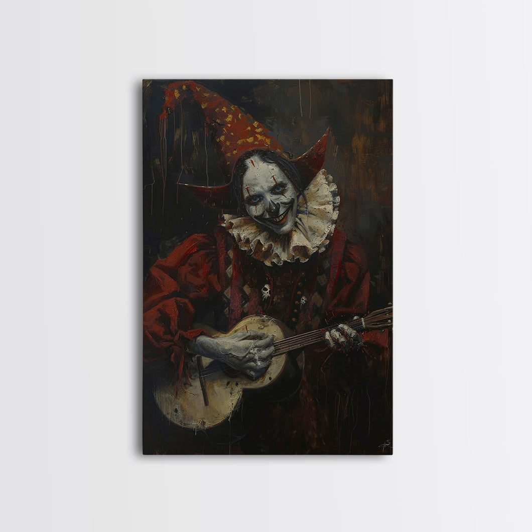 Creepy Clown Playing Guitar, Framed Canvas Print, Spooky Circus Art, Halloween Wall Decor, Horror Clown Illustration, Creepy Home Decor