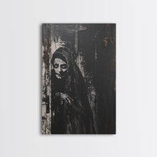 Load image into Gallery viewer, Haunted Nun with Eerie Expression, Framed Canvas Print, Gothic Halloween Art, Spooky Religious Decor, Scary Nun Painting, Gothic Home Art
