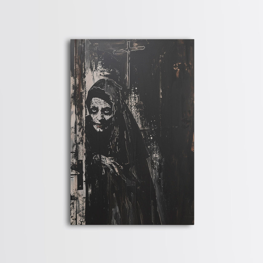 Haunted Nun with Eerie Expression, Framed Canvas Print, Gothic Halloween Art, Spooky Religious Decor, Scary Nun Painting, Gothic Home Art