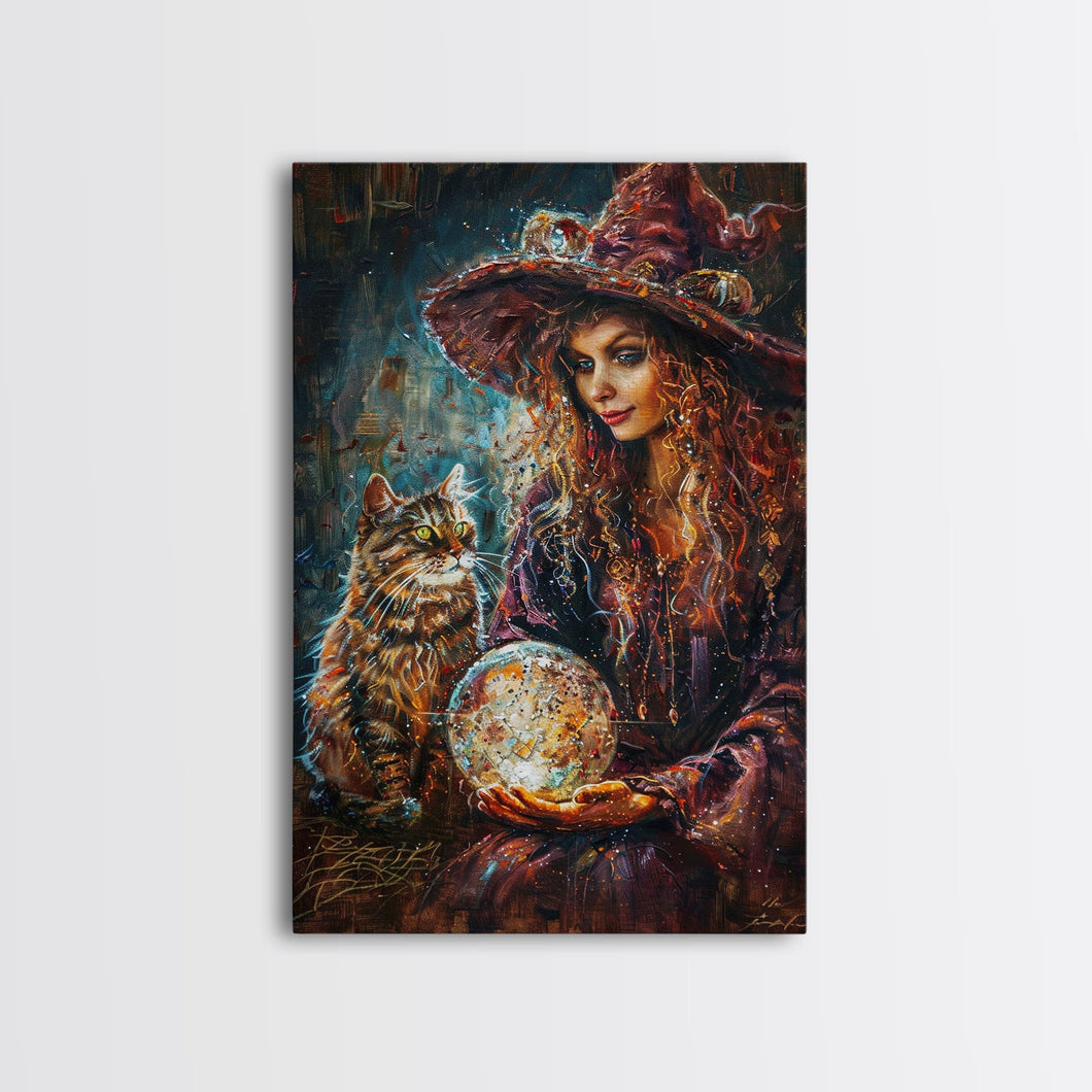 Enchanting Witch with Crystal Ball, Framed Canvas Print, Mystical Halloween Art, Spooky Witch Decor, Witchcraft Illustration, Magical Decor