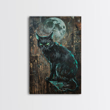 Carregar imagem no visualizador da galeria, Black Cat with Piercing Green Eyes, Framed Canvas Print, Spooky Cat Art, Witchy Feline Decor, Halloween Wall Art, Gothic Cat Decor
