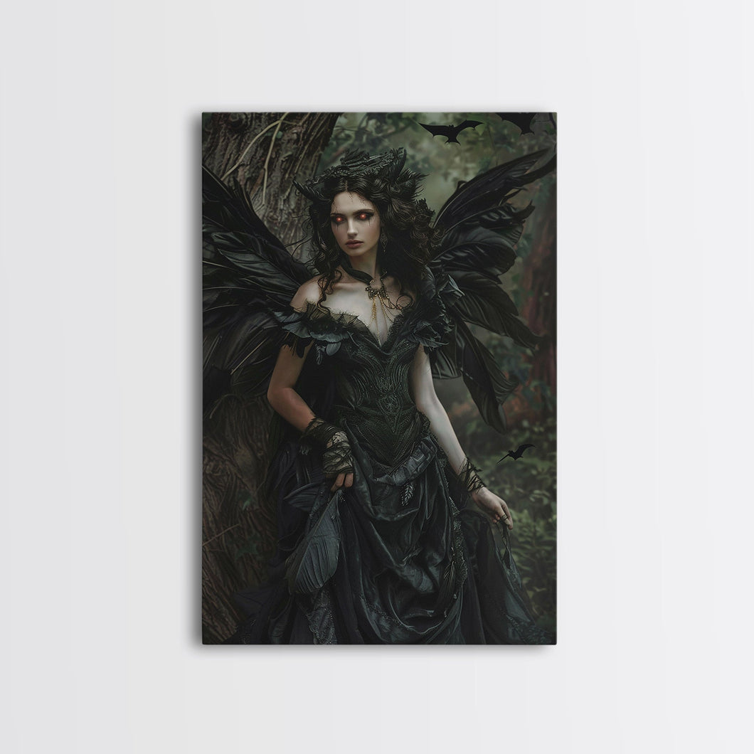 Dark Angel with Glowing Eyes in Haunted Forest - Mysterious Gothic Framed Canvas Print, Halloween Wall Art Decor