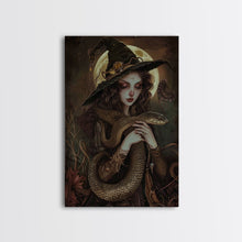 Load image into Gallery viewer, Witch Holding Snake under Full Moon - Dark Forest Sorcery Gothic Art Framed Canvas Print, Halloween Witchy Decor
