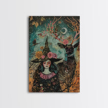 Load image into Gallery viewer, Elegant Witch with Tortoise - Halloween Art, Gothic Art, Spooky Decor, Dark Nature Art, Haunting Portrait, Framed Canvas Print
