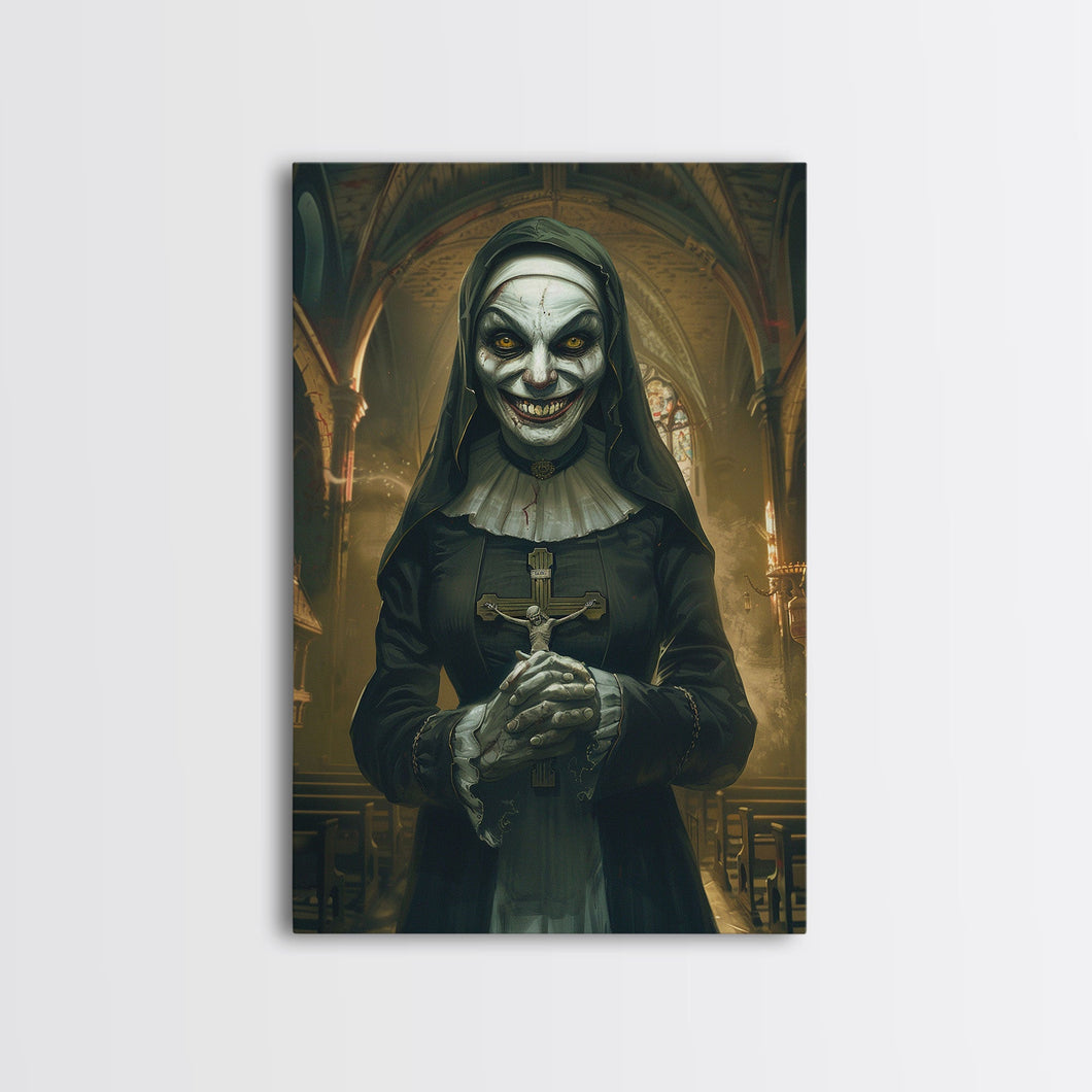 Creepy Nun Canvas Print - Halloween Art, Scary Art, Spooky Home Decor, Creepy Portrait, Gothic Wall Art, Halloween Decor Framed Canvas Print