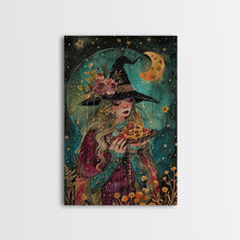 Load image into Gallery viewer, Summer Witch and Her Slice Of Pizza, Framed Canvas Print, Cute / Funny Halloween Art
