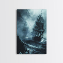 Carregar imagem no visualizador da galeria, Ghost Ship in Storm Halloween Art, Spooky Maritime, Haunted Ocean, Creepy Seascape, Stormy Night, Framed Canvas Print
