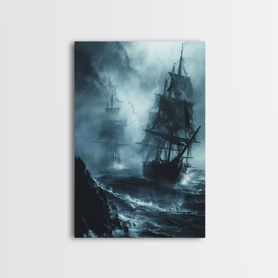 Ghost Ship in Storm Halloween Art, Spooky Maritime, Haunted Ocean, Creepy Seascape, Stormy Night, Framed Canvas Print