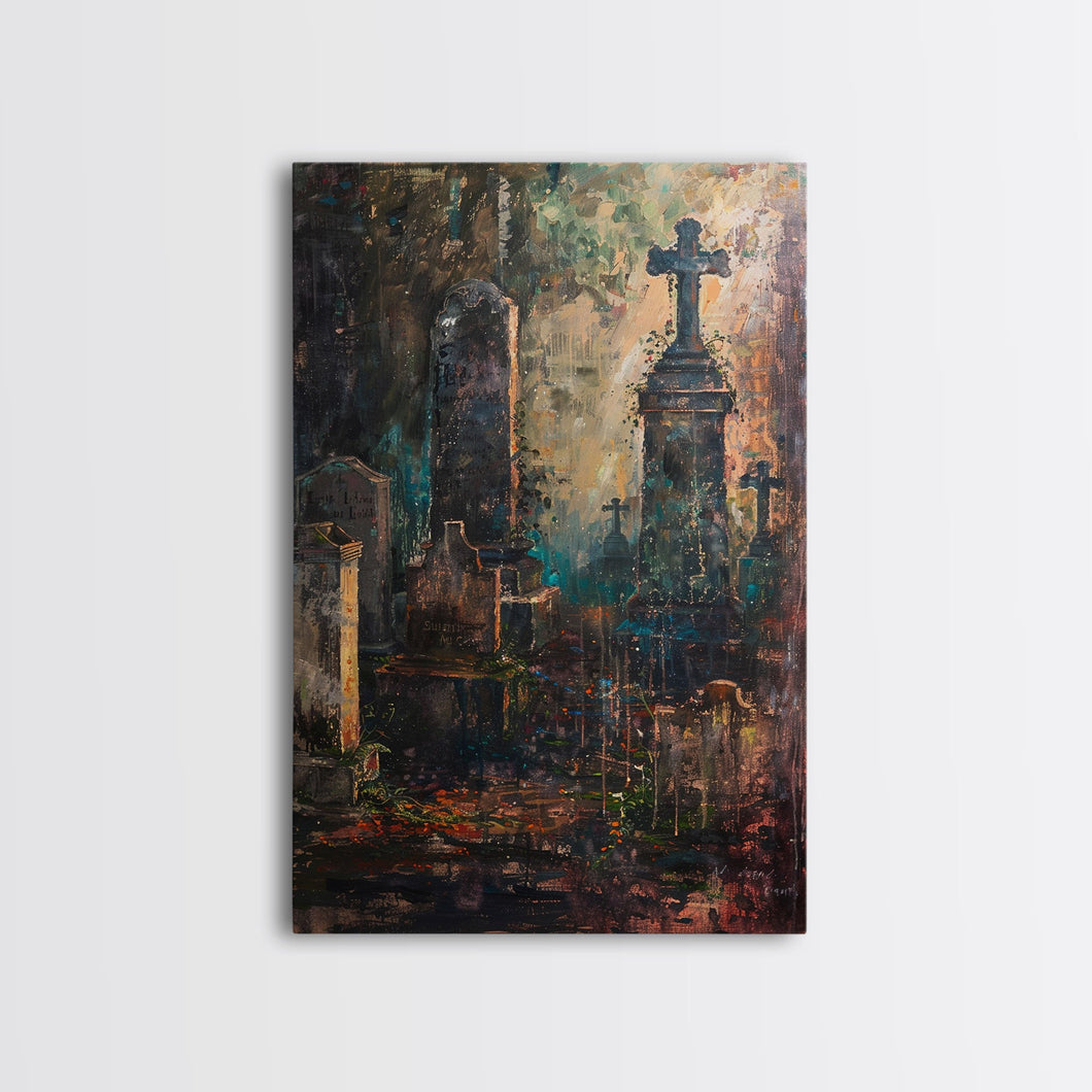 Gloomy Cemetery Halloween Art, Spooky Graveyard, Haunted Cemetery, Creepy Gravestones, Dark Artwork, Framed Canvas Print