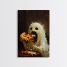 Load image into Gallery viewer, Cute Ghost Chompin on A Pizza, Ghostly Pizza Pirate, Framed Canvas Print, Funny Halloween Spooky Season Art
