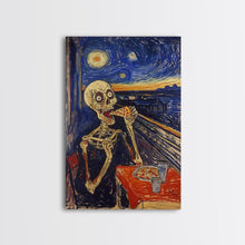Load image into Gallery viewer, Spooky Skeleton Dude Eatin&#39; a Pizza, Starry Night Inspired Funny Halloween Art, Framed Canvas Print
