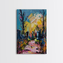 Cargar imagen en el visor de la galería, Colorful Haunted Cemetary, Springtime Halloween Mashup, Spooky Season Vibes, Framed Canvas Print, Haunted Graveyard
