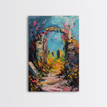 Load image into Gallery viewer, Ruined Archway Framed Canvas Print, Halloween Art, Haunted Garden, Spooky Ruins, Eerie Pathway, Fall Decor, Gothic Wall Art, Haunted Decor
