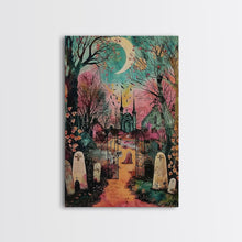 Load image into Gallery viewer, Creepy Moonlit Trees Framed Canvas Print, Haunted Forest Art, Halloween Night Scene, Eerie Woods Decor, Spooky Artwork, Framed Canvas Print
