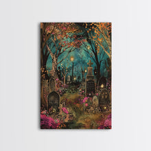 Load image into Gallery viewer, Gate to Haunted Cemetery Framed Canvas Print, Wall Art, Spooky Graveyard Art, Eerie Home Decor, Halloween Forest Painting, Spooky Graveyard
