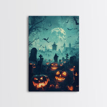 Cargar imagen en el visor de la galería, Bats and Jack-O-Lanterns Framed Canvas Print, Halloween Wall Art, Haunted Graveyard, Home Decor, Spooky Art, Living Room Decor, Gothic Art
