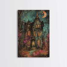 Load image into Gallery viewer, Enchanted Gothic House Framed Canvas Print, Halloween Wall Art, Spooky Art, Home Decor, Living Room Decor, Gothic Artwork, Haunted House
