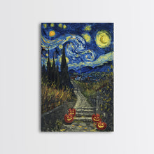 Load image into Gallery viewer, Spooky Starry Night Inspired Haunted Grave Yard Framed Canvas Print, Spooky Season Halloween Art
