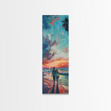Load image into Gallery viewer, Framed Canvas Oil Painting of Sunset on Beach, Coastal Wall Art Print, Colorful Beach Art, Impasto Painting, Long and Narrow Landscape Art
