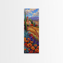 Load image into Gallery viewer, Framed and Printed Canvas Painting of Colorful Tuscan Countryside, Gouache Textured Canvas Painting, Botanical Wall Art Print, Skinny Art
