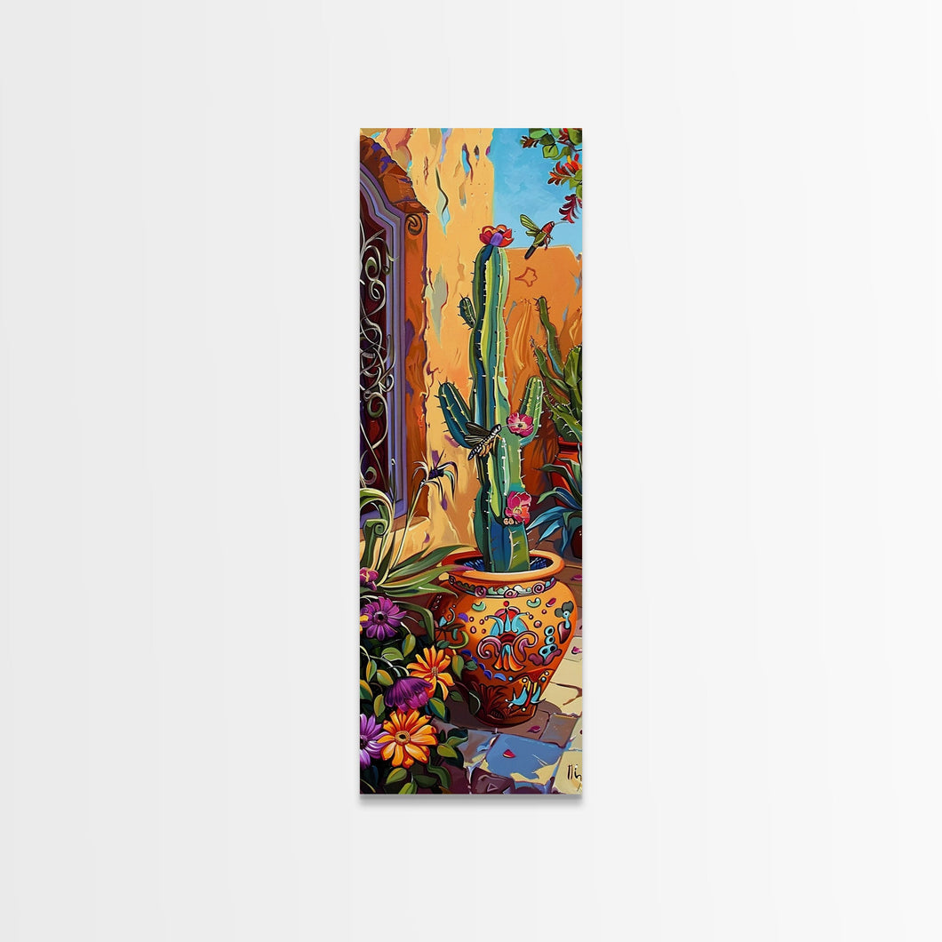 Colorful Canvas Painting of Cactus Framed, Botanical Wall Art Print, Spanish Inspired Canvas Painting, Long and Narrow Living Room Wall Art