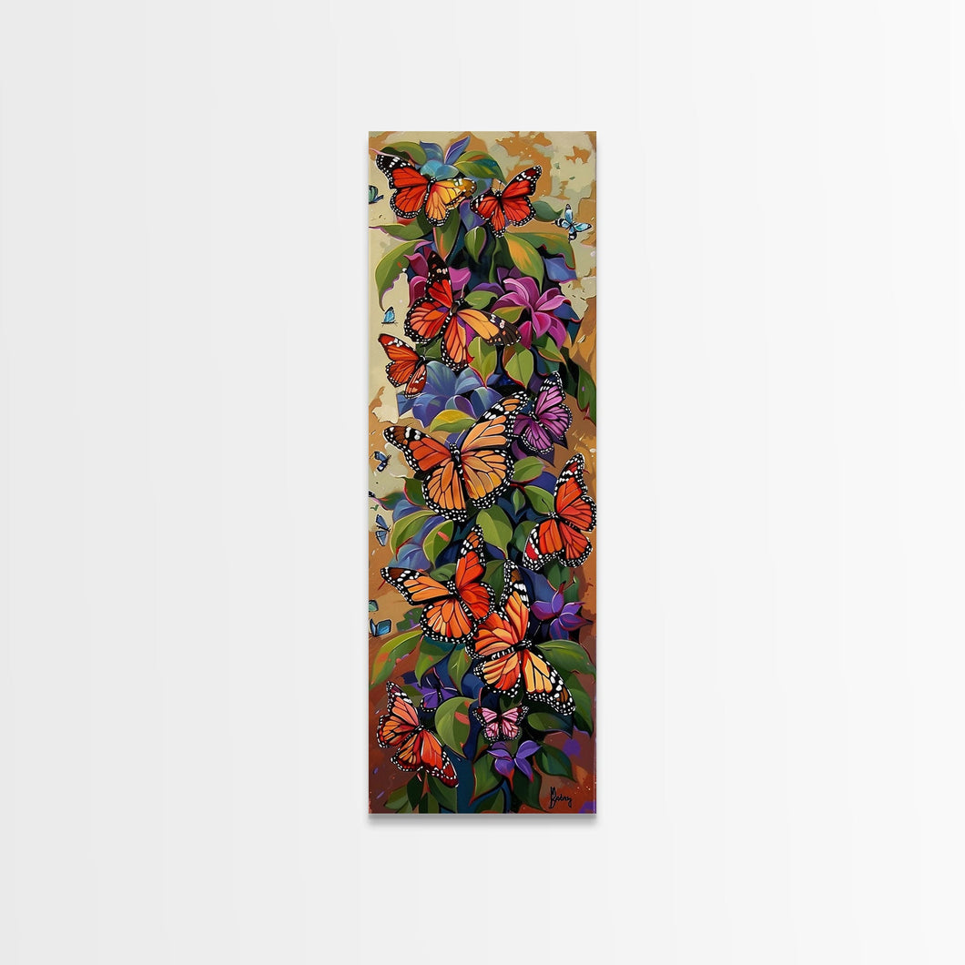 Colorful Butterfly Vertical Framed Canvas Oil Painting, Abstract Botanical Wall Art, Gouache Style Painted Art, Housewarming Gift for Her