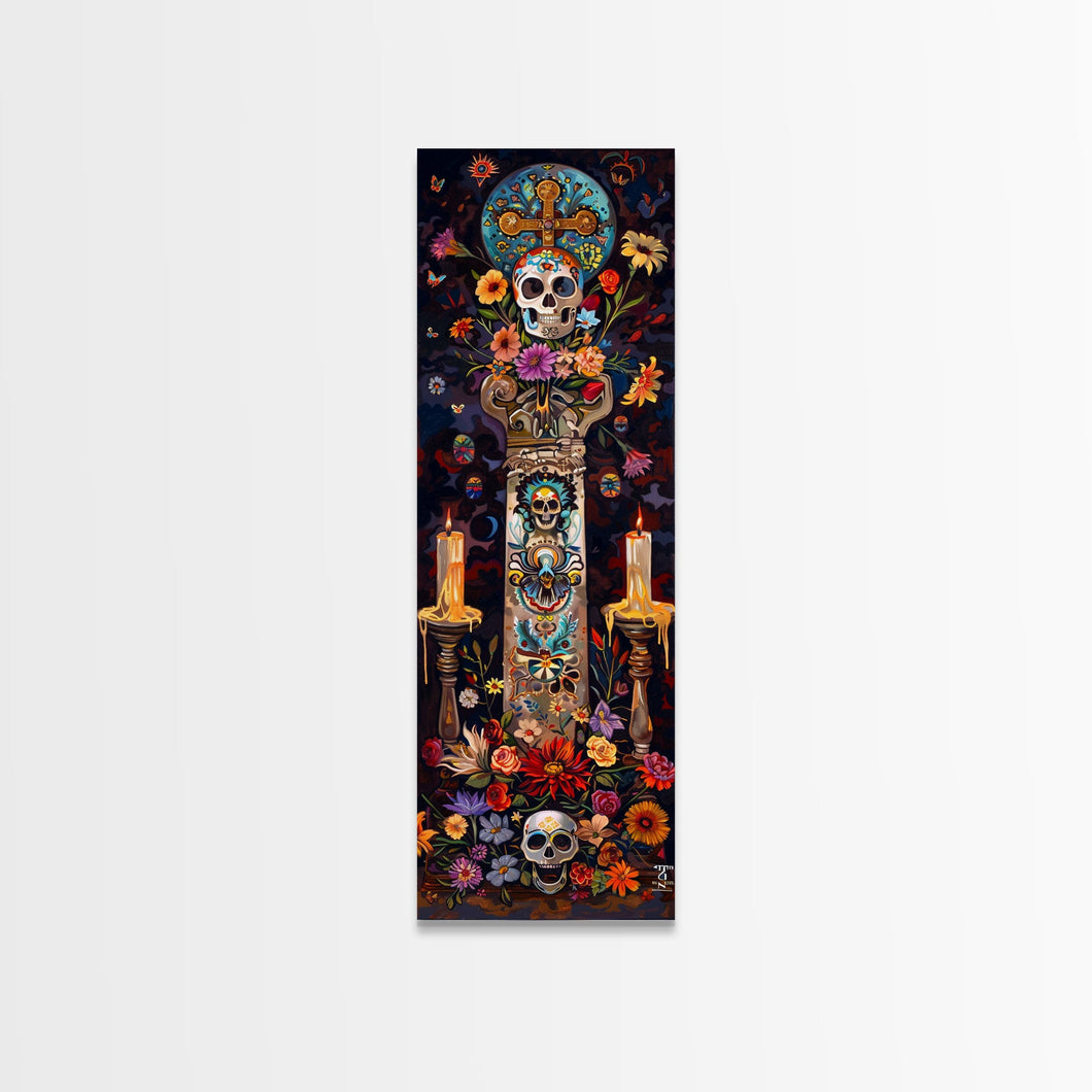 Dia De Los Muertos Sugar Skull Canvas Painting, Gothic Wall Art Print, Skinny Framed Canvas Art, Colorful Day of The Dead Poster Art