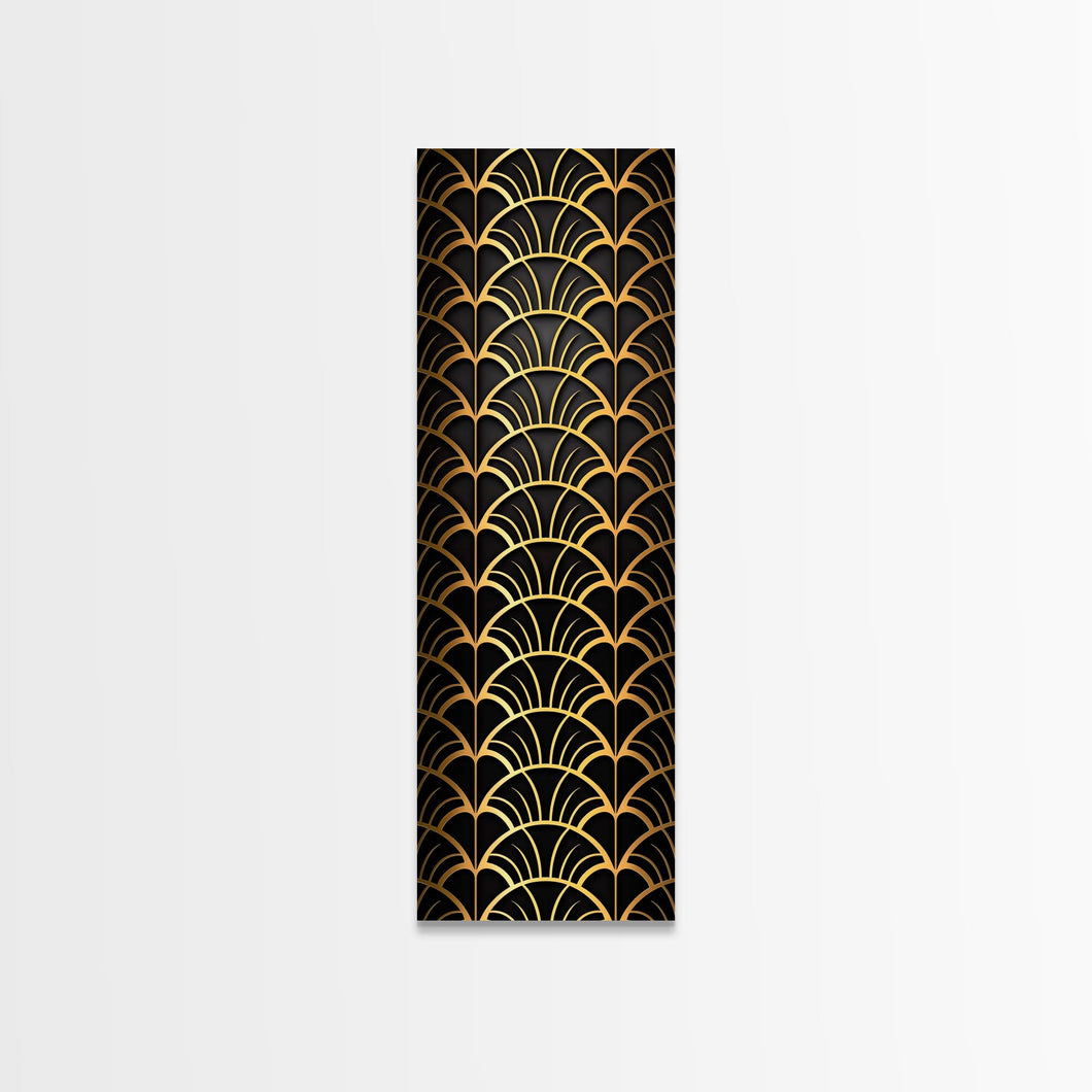 Abstract Gold Geometric Pattern on Black Background - Framed Canvas Print, Art Deco Style, Skinny Art, Tall Art, Midcentury Modern Art, Living Room Wall Decor
