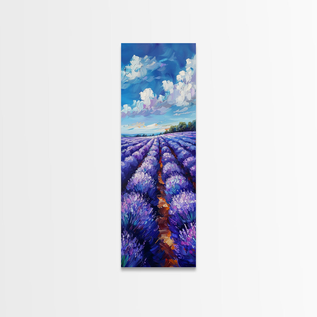 Expansive Lavender Fields Under a Bright Sky, Skinny and Tall Art, Bold Framed Canvas Print, Landscape Wall Art