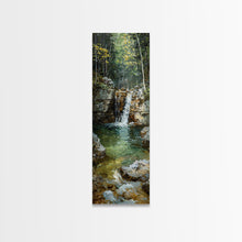Carregar imagem no visualizador da galeria, Framed Canvas Print Skinny Art of a Serene Waterfall Cascading into a Tranquil Pool in a Lush Forest Landscape, Perfect Tall Art for Nature Lovers
