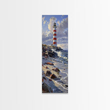 Carregar imagem no visualizador da galeria, Framed Canvas Print Skinny Art of a Majestic Lighthouse Standing Tall Against a Bright Blue Sky with Waves Crashing on Rocky Shores, Perfect Tall Art

