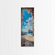 Carregar imagem no visualizador da galeria, Framed Canvas Print Skinny Art of a Sunlit Beach Scene Framed by Rocky Cliffs, Overlooking a Crystal Blue Sea Under a Clear Sky, Perfect Tall Coastal Art
