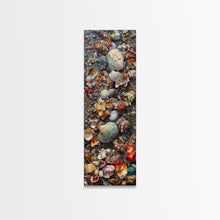 Carregar imagem no visualizador da galeria, Framed Canvas Print Skinny Art of a Variety of Colorful Seashells Arranged in a Textured Pattern, Perfect Tall Art for Beach Themed Rooms
