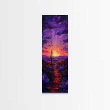 Cargar imagen en el visor de la galería, Colorful Sunset Over a Desert Landscape with a Saguaro Cactus and Dramatic Sky on a Framed Canvas Print Skinny Art Piece
