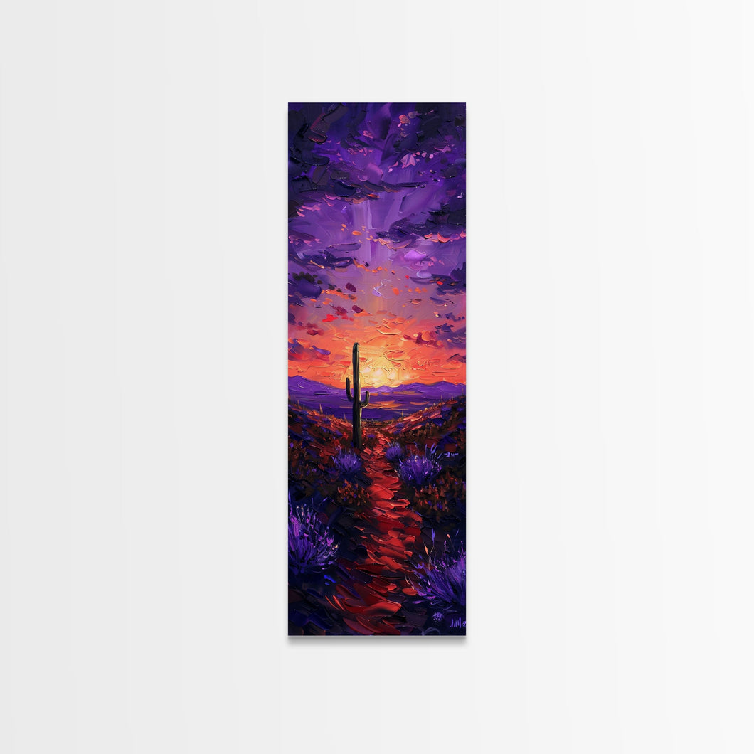Colorful Sunset Over a Desert Landscape with a Saguaro Cactus and Dramatic Sky on a Framed Canvas Print Skinny Art Piece