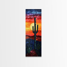 Load image into Gallery viewer, Desert Landscape with Saguaro Cactus Silhouette Against a Fiery Sunset on a Framed Canvas Print Skinny Art Piece
