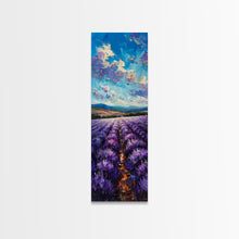 Carregar imagem no visualizador da galeria, Framed Canvas Print of Wide Lavender Fields Under a Bright Sky Featuring Skinny Tall Art for Stunning Wall Decor in Home or Office
