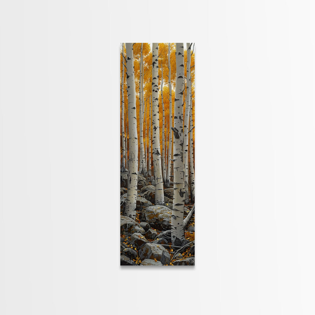 Birch Tree Forest, Framed Canvas Print, Skinny / Tall Wall Art, Living Room Decor, Landscape Painting, Nature Decor