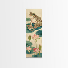 Load image into Gallery viewer, Frogs On Lily Pads Canvas In Japanese Ukiyo-e Style, Traditional Woodblock Print, Framed Canvas Print, Tall Skinny Japanese Wall Art, Ready To Hang
