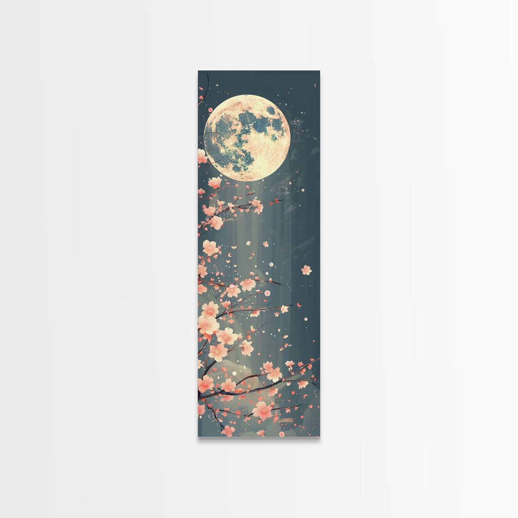 Full Moon with Cherry Blossom Ukiyo-e Art, Framed Canvas Print Perfect for Skinny and Tall Spaces, Japanese Style Art