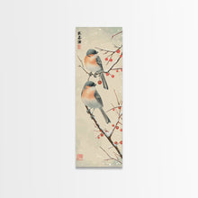 Load image into Gallery viewer, Pair of Birds on Snowy Branches, Japanese Art Framed Canvas Print, Tall and Skinny Wall Art in Ukiyo-e Style
