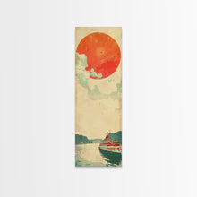 Load image into Gallery viewer, Large Red Sun Over River, Japanese Art Inspired by Ukiyo-e, Framed Canvas Print for Tall Skinny Wall Spaces
