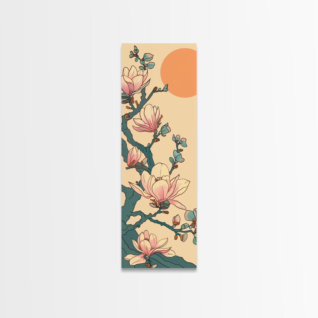 Delicate Magnolia Blossoms in Ukiyo-e Style, Tall Skinny Framed Canvas Print, Japanese Art for Vertical Spaces