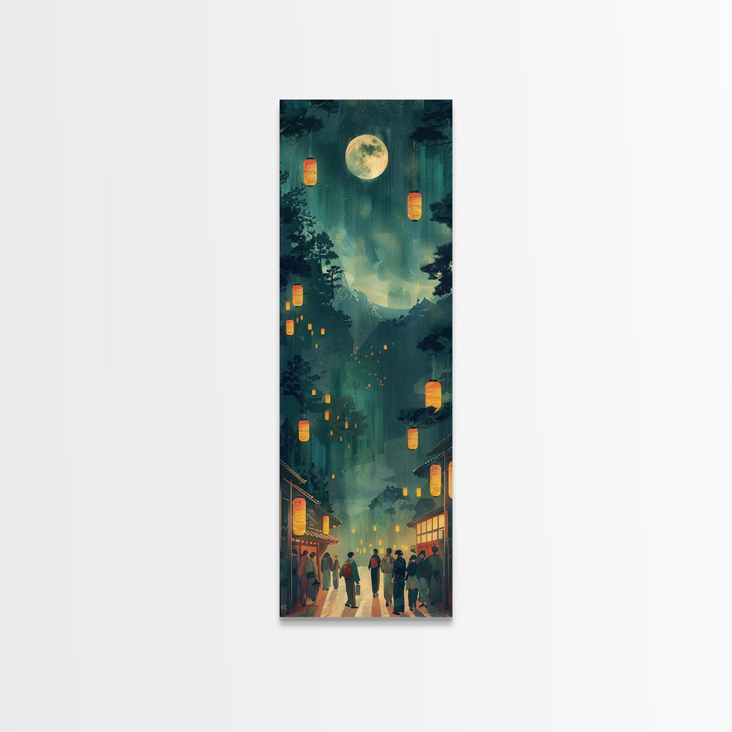 Framed Canvas Print Of A Nighttime Japanese Festival Scene With Lanterns And Pine Trees, Traditional Wall Art Ready To Hang