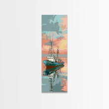 Cargar imagen en el visor de la galería, Fishing Boat, Calm Waters, Japanese Art, Skinny Art, Tall Art, Framed Canvas Print, Ukiyo-e Style

