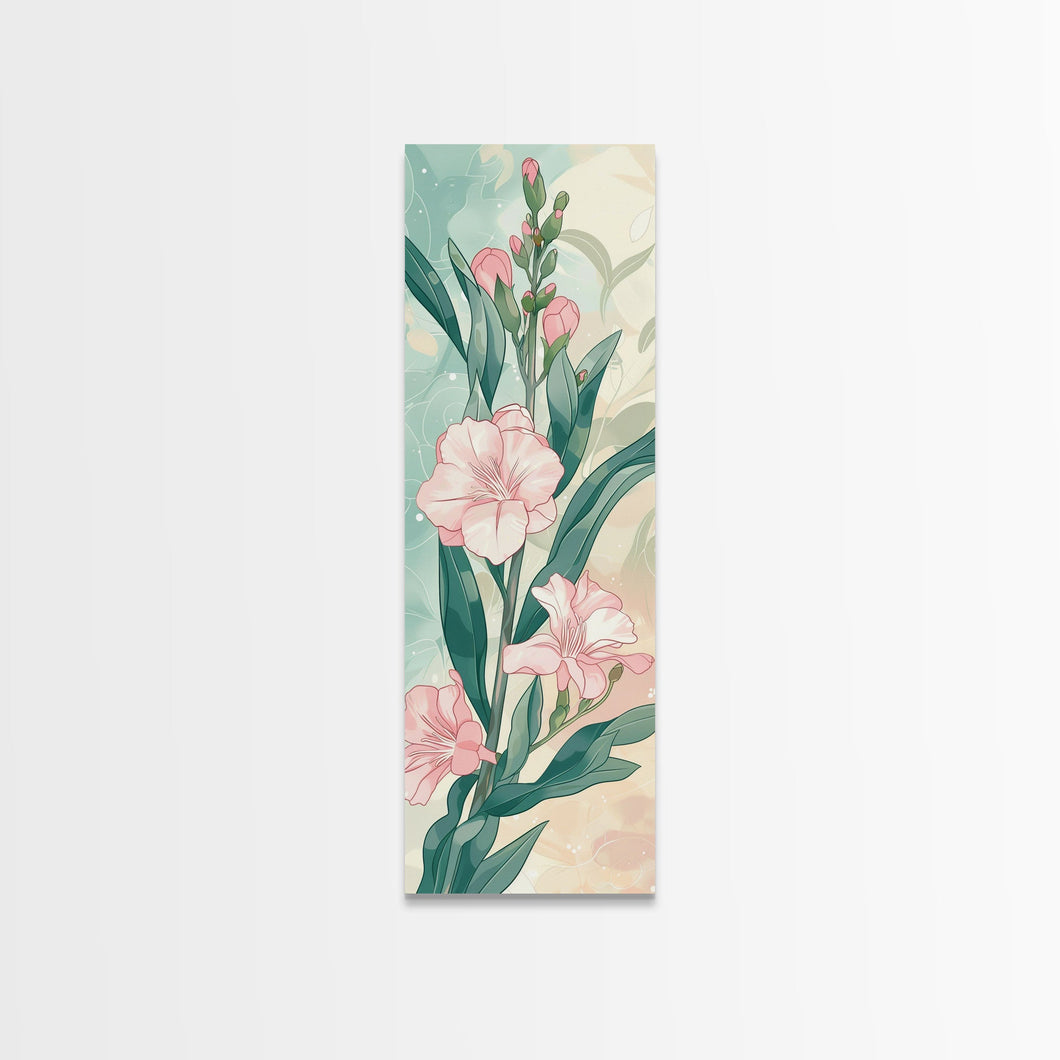 Skinny Art Pink Oleander Flowers In Japanese Style Wood Block Print Elegant Pastel Hues On Framed Canvas Print, Tall Art Ukiyo-e